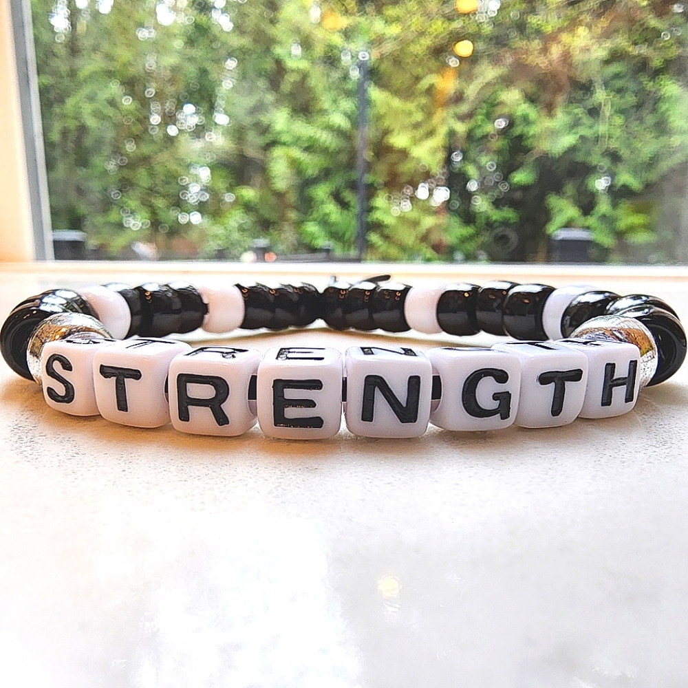 NWT Black, White Friendship Bracelet Hand Made by My Son Text STRENGTH